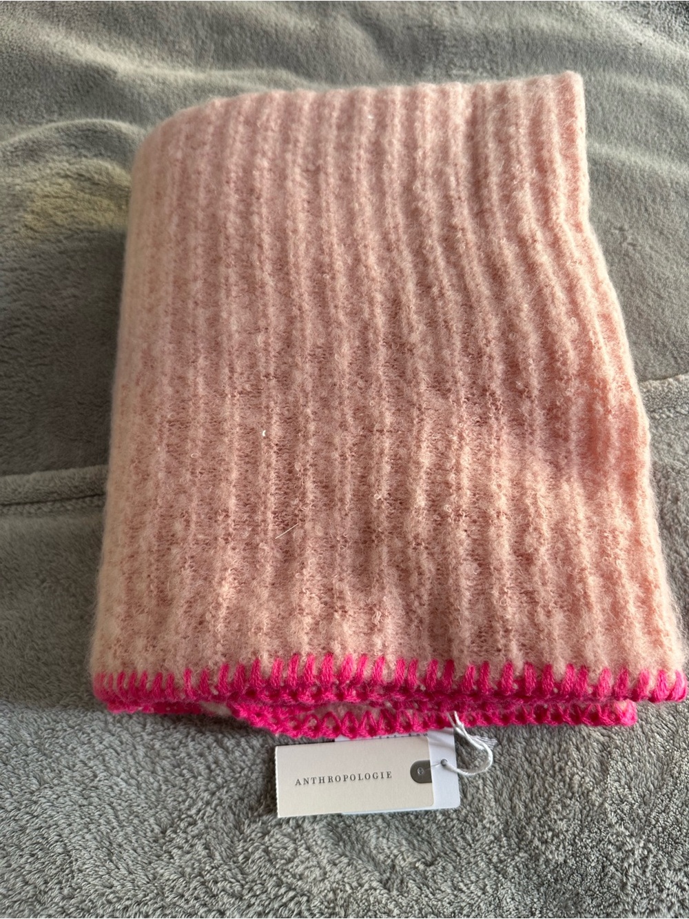 Anthropologie Blush Pink Ribbed Knit Scarf with Hot Pink Edge